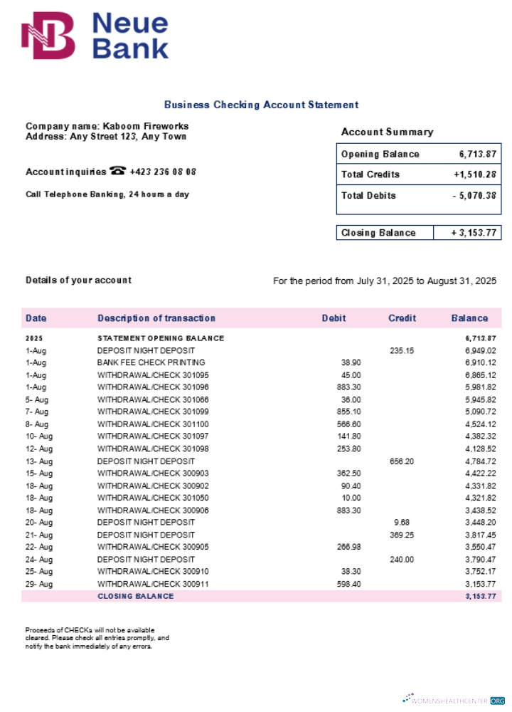 Download Neue Bank AG firm account statement Word and PDF template (1) Photoshop template
